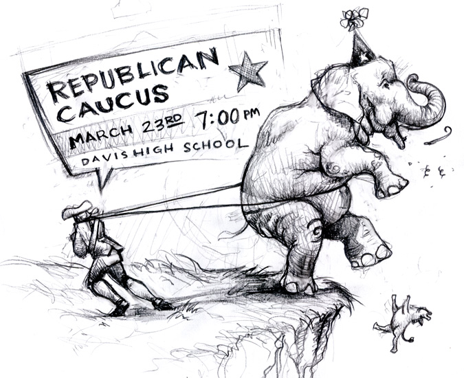Republican elephant nearly falling from a cliff, only to be yanked back by a Patriot. The donkey has already fallen