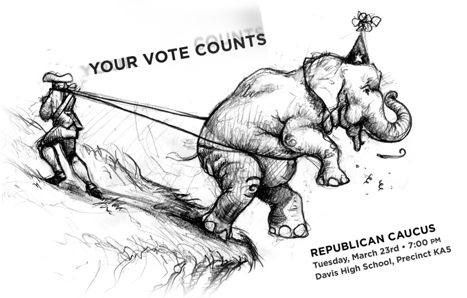 Republican elephant nearly falling from a cliff, only to be yanked back by a Patriot, but with no pencil title